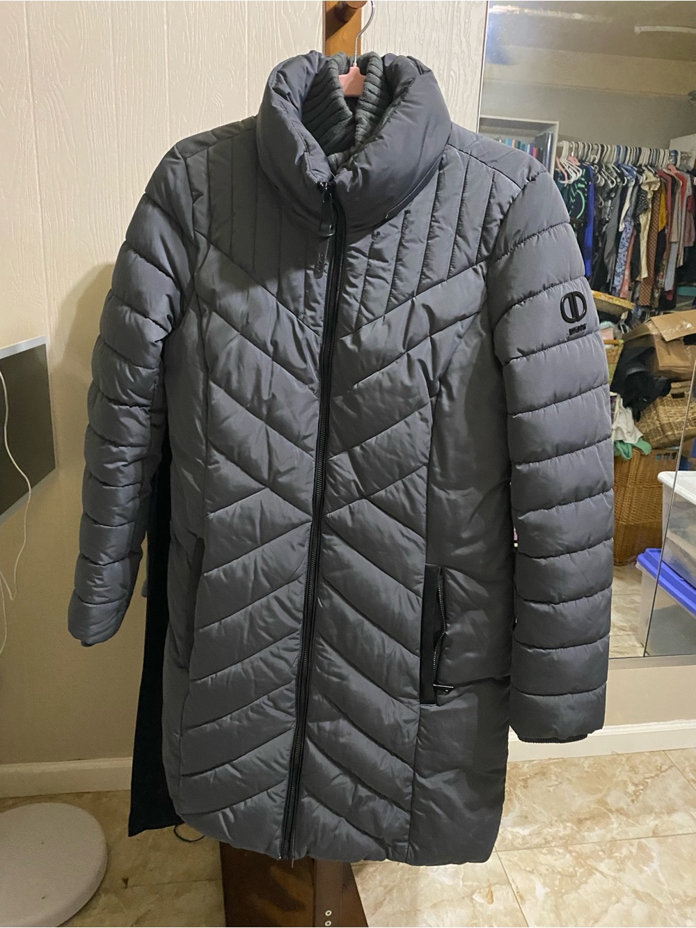 DKNY Gray Quilted Long Puffer Coat with Funnel Collar